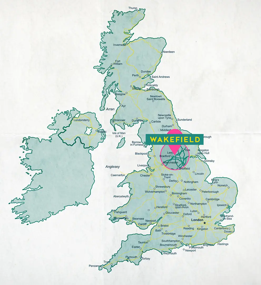 Map of the UK with Wakefield highlighted